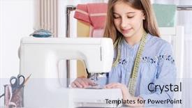  Presentation with tailor made - Audience pleasing slide set consisting of girl working with sewing machine backdrop and a light blue colored foreground
