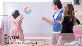  Presentation with female male symbol - Presentation design consisting of business model elearning - young male tailor teaching female background and a  colored foreground