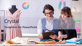  Presentation with young students working in groups - Amazing PPT theme having business model elearning - young tailors working in workshop backdrop and a  colored foreground