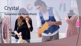  Presentation with television workshop - Colorful slide set enhanced with business model elearning - young tailors working in workshop backdrop and a  colored foreground