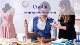  Presentation with workshop - PPT theme enhanced with business model elearning - young tailors working in workshop background and a sky blue colored foreground