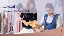  Presentation with taperecorder workshop - Beautiful PPT theme featuring business model elearning - young tailors working in workshop backdrop and a  colored foreground