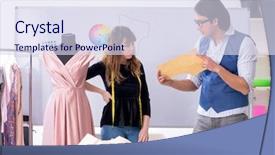  Presentation with young students working in groups - Colorful theme enhanced with business model elearning - young tailors working in workshop backdrop and a  colored foreground