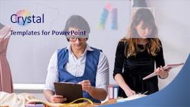  Presentation with tape recorder workshop - PPT theme with business model elearning - young tailors working in workshop background and a  colored foreground