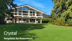  Presentation with facade - Presentation design with facade of a beautiful house with green garden summer day background and a tawny brown colored foreground