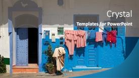  Presentation with facade - Colorful presentation enhanced with facade of a traditional house with laundry hanging outdoors in the medina of assilah morocco backdrop and a gray colored foreground