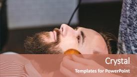  Presentation with barber shop - Cool new PPT layouts with face after haircut with soft backdrop and a coral colored foreground