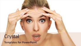  Presentation with young man and a woman - Audience pleasing PPT theme consisting of face aging - young woman checking wrinkles backdrop and a coral colored foreground