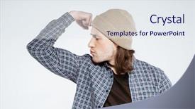  Presentation with gray - PPT layouts having face blackhair - serious hipster which showing his background and a sky blue colored foreground