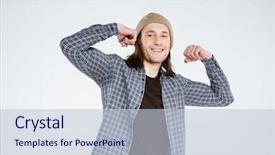  Presentation with camera - PPT layouts with face blackhair - smiling hipster which showing his background and a lemonade colored foreground