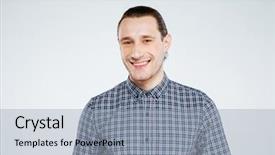  Presentation with studio - Amazing PPT theme having face blackhair - smiling man in shirt which backdrop and a light blue colored foreground
