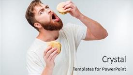  Presentation with vernier caliper bearing isolated - Cool new slide deck with face burger - excited bearded man greedily eating backdrop and a sky blue colored foreground