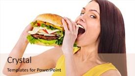  Presentation with hamburger - PPT theme consisting of face burger - woman holding hamburger isolated background and a coral colored foreground