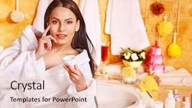  Presentation with obesity cartoon feet on bathroom - Colorful PPT layouts enhanced with face cream flower - woman applying moisturizer at bathroom backdrop and a lemonade colored foreground