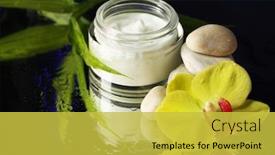  Presentation with orchid - PPT theme with face cream with orchid flowers on dark background background and a yellow colored foreground