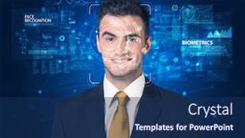  Presentation with computer vision - Colorful slides enhanced with face detection and recognition computer vision and artificial intelligence concept backdrop and a navy blue colored foreground