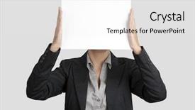  Presentation with notepad blank lined paper - Slide deck featuring face face communication - woman showing a blank paper background and a white colored foreground