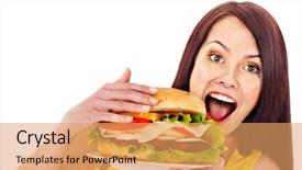  Presentation with hamburger - Theme having face food - woman holding hamburger isolated background and a coral colored foreground