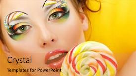  Presentation with candy cane christmas - Audience pleasing PPT theme consisting of face food - woman licks candy with beautiful backdrop and a gold colored foreground