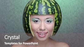  Presentation with water woman swimming underwater - PPT layouts with face food - woman with water-melon as helmet background and a coral colored foreground
