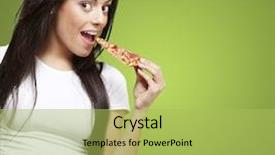  Presentation with pizza - PPT layouts having face food - young woman eating a piece background and a yellow colored foreground
