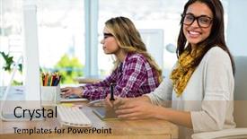  Presentation with work - Audience pleasing PPT layouts consisting of face graphic - two girls work at office backdrop and a coral colored foreground