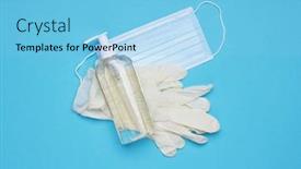  Presentation with coronavirus prevention medical - Presentation with face-mask-hand-sanitizer-bottle background and a light blue colored foreground