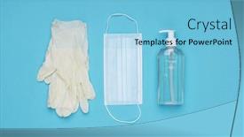  Presentation with hand hygiene - Colorful presentation design enhanced with face-mask-hand-sanitizer-bottle backdrop and a light blue colored foreground