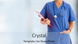  Presentation with bright - Colorful slide set enhanced with face medical - closeup of a nurse backdrop and a light blue colored foreground