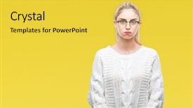  Presentation with young woman wearing boxer gloves - Presentation theme enhanced with face mouth inflated with air background and a yellow colored foreground