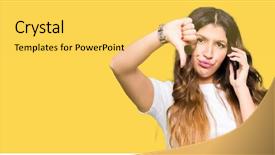  Presentation with mobile phone in woman hand - PPT theme with face negative sign showing dislike background and a  colored foreground