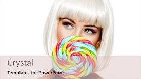 Presentation with sweet candy - PPT layouts with face of a beautiful girl with pink eye make-up and multicolor sweet candy fashion model posing on white background background and a lemonade colored foreground