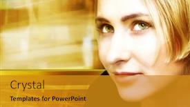  Presentation with light colors - PPT theme with face of a woman on digitally collaged industrial background of movement light colors and blurs background and a gold colored foreground
