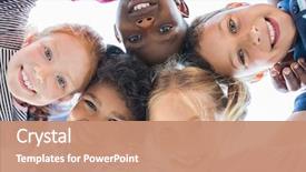  Presentation with team kids - Amazing PPT theme having face of happy multiethnic children backdrop and a coral colored foreground