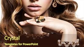  Presentation with jewelry gold - Beautiful theme featuring face of woman with long brown hair and gold jewelry posing on white background backdrop and a tawny brown colored foreground