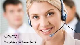  Presentation with confident - Audience pleasing slides consisting of face of young charming confident woman with headset backdrop and a coral colored foreground