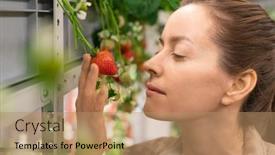  Presentation with vertical farm - Slide deck featuring face-of-young-female-worker background and a coral colored foreground