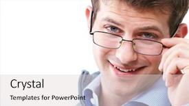  Presentation with eyeglasses - Theme consisting of face of young handsome businessman in eyeglasses looking at camera background and a lemonade colored foreground