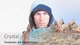  Presentation with volcano - PPT theme featuring face of young man hiker and volcanic rock formations on the island tenerife the volcano teide double exposure effect photography background and a light gray colored foreground