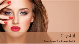  Presentation with girl model - Beautiful presentation theme featuring face-of-young-woman backdrop and a coral colored foreground