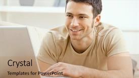  Presentation with computer - Colorful slide deck enhanced with face reading - happy young man laying backdrop and a coral colored foreground