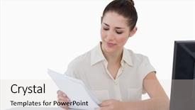  Presentation with antique document - Slides enhanced with face reading - smiling businesswoman looking a document background and a  colored foreground