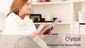  Presentation with medical procedure simulation using blood - Theme consisting of face reading - young woman sitting on sofa background and a  colored foreground