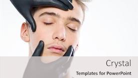  Presentation with skin surgery - PPT theme featuring face-skin-check-beautician-touching background and a light gray colored foreground