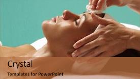  Presentation with beautiful young woman getting face - PPT theme featuring face treatment at beauty background and a red colored foreground