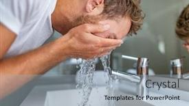  Presentation with treatment - PPT layouts having face wash man in bathroom washing cleansing for acne facial treatment in sink splashing cold water onto face men beauty skincare lifestyle background and a light gray colored foreground