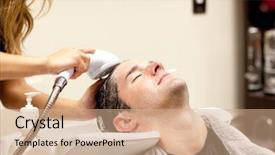  Presentation with hairdressing salon - Beautiful PPT theme featuring cute man having a shampoo in a hairdressing salon backdrop and a coral colored foreground
