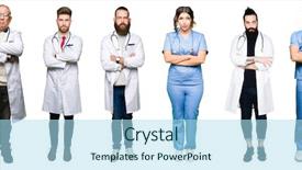  Presentation with successful group of surgeons - Slide set featuring face with crossed arms negative background and a light blue colored foreground