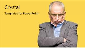  Presentation with army person pressing remote baton - Slide set consisting of face with crossed arms negative background and a  colored foreground