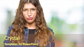  Presentation with army person pressing remote baton - Colorful slide set enhanced with face with crossed arms negative backdrop and a  colored foreground